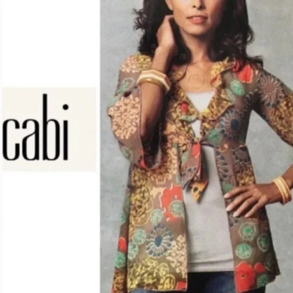 CAbi #360 Sz S kimono Shakespeare Semi Sheer Open Tie Front Colorful Floral Top